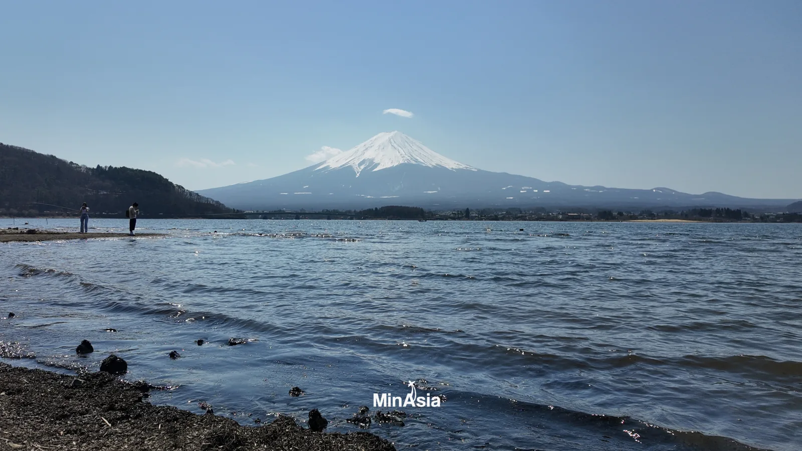 Close-up de um trem bala japonês passando com o monte fuji ao fundo. A dinâmica do trem contrasta com a beleza estática da montanha.